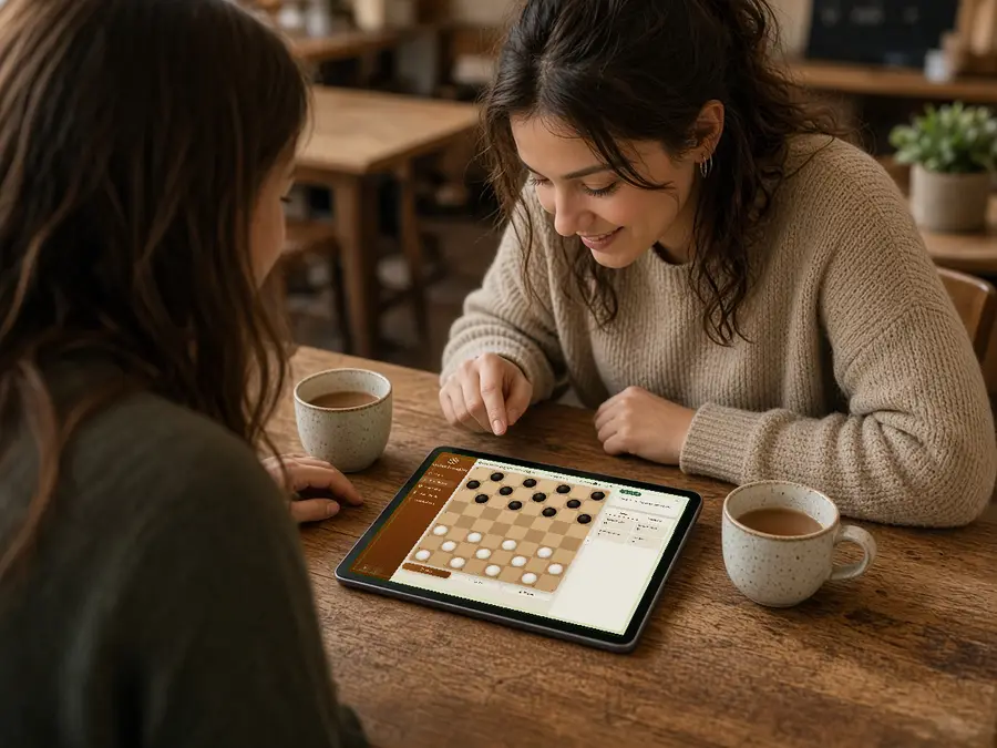 Two players sharing one device for a face-to-face Russian draughts game